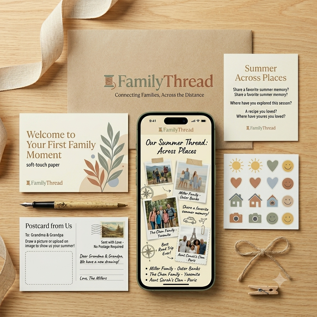 FamilyThread keepsake kit flat-lay: a kraft envelope with the FamilyThread logo, a favorite-memory card, a QR card, a postcard, a sticker sheet, twine, and a phone showing the Summer Thread scrapbook