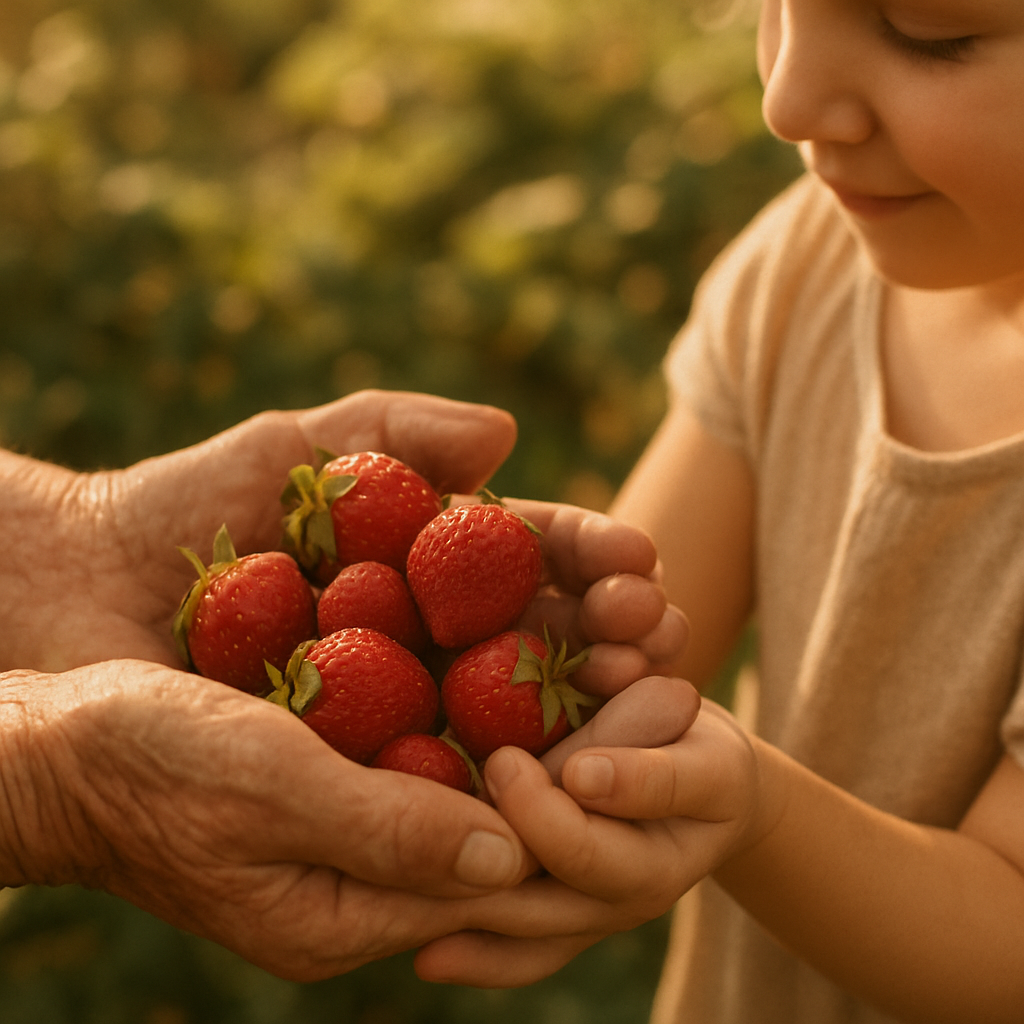 A child and grandparent holding fresh-picked strawberries in a summer garden
