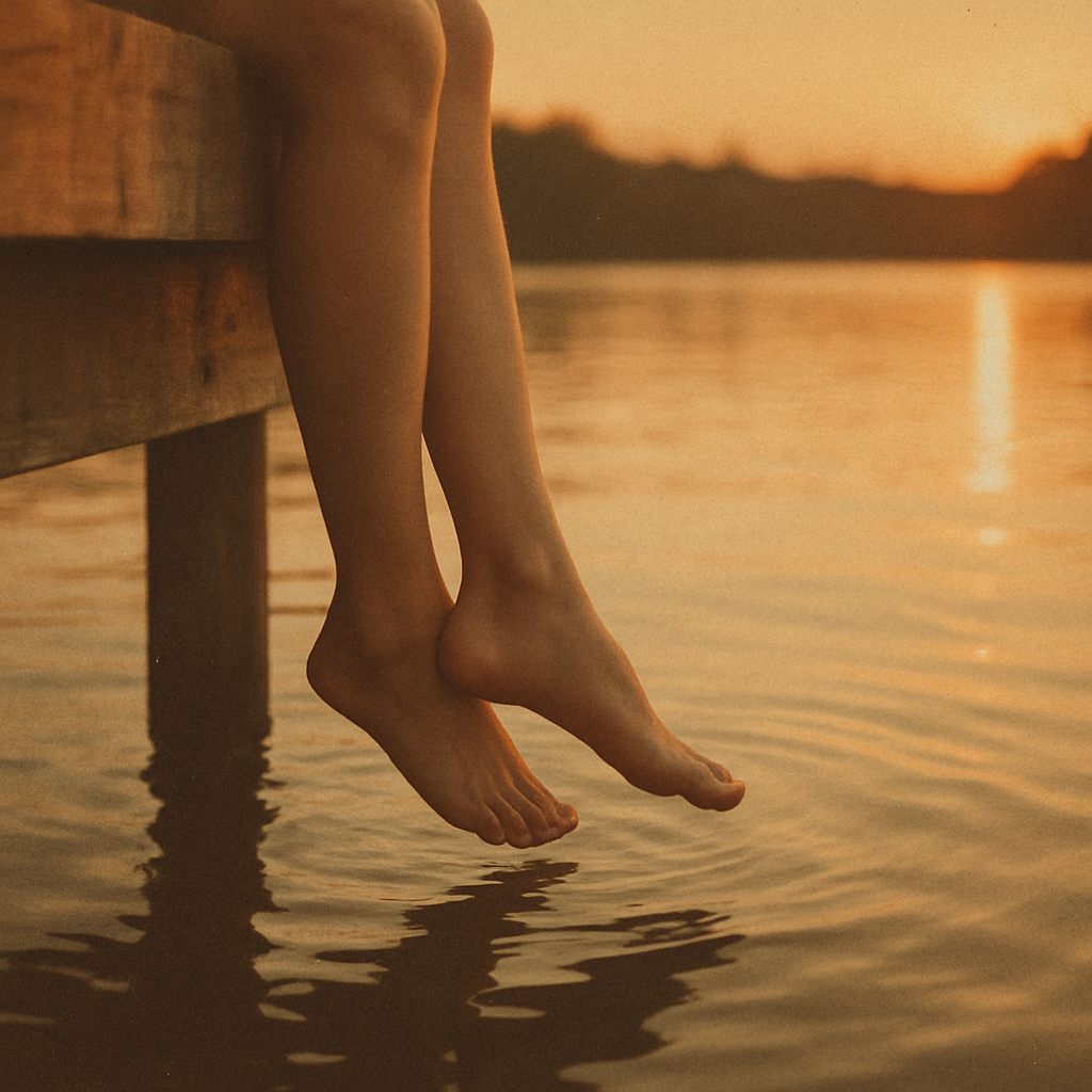 Bare feet dangling off a wooden dock over a calm lake at sunset