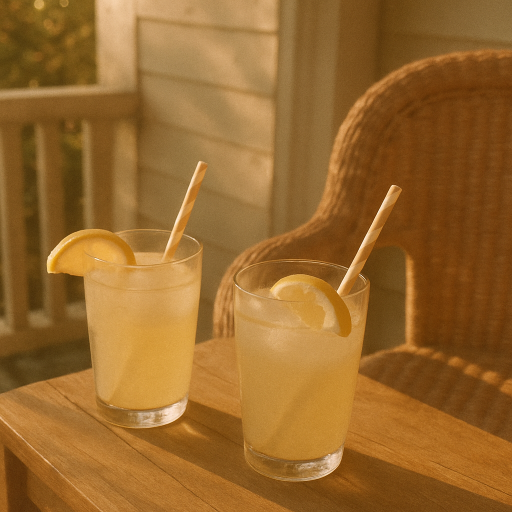 Two glasses of homemade lemonade on a sunny porch table
